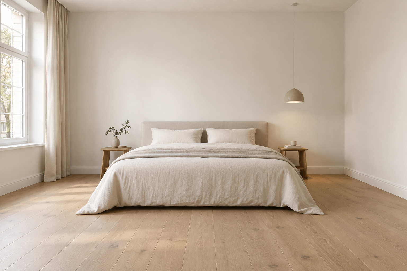 Rustige slaapkamer met een blanke muur achter het bed