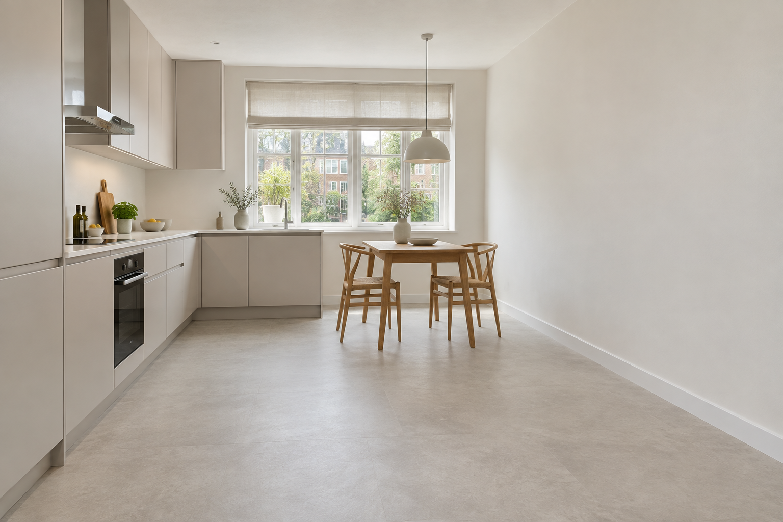 Keuken met een grote lege muur en zichtbare vloer