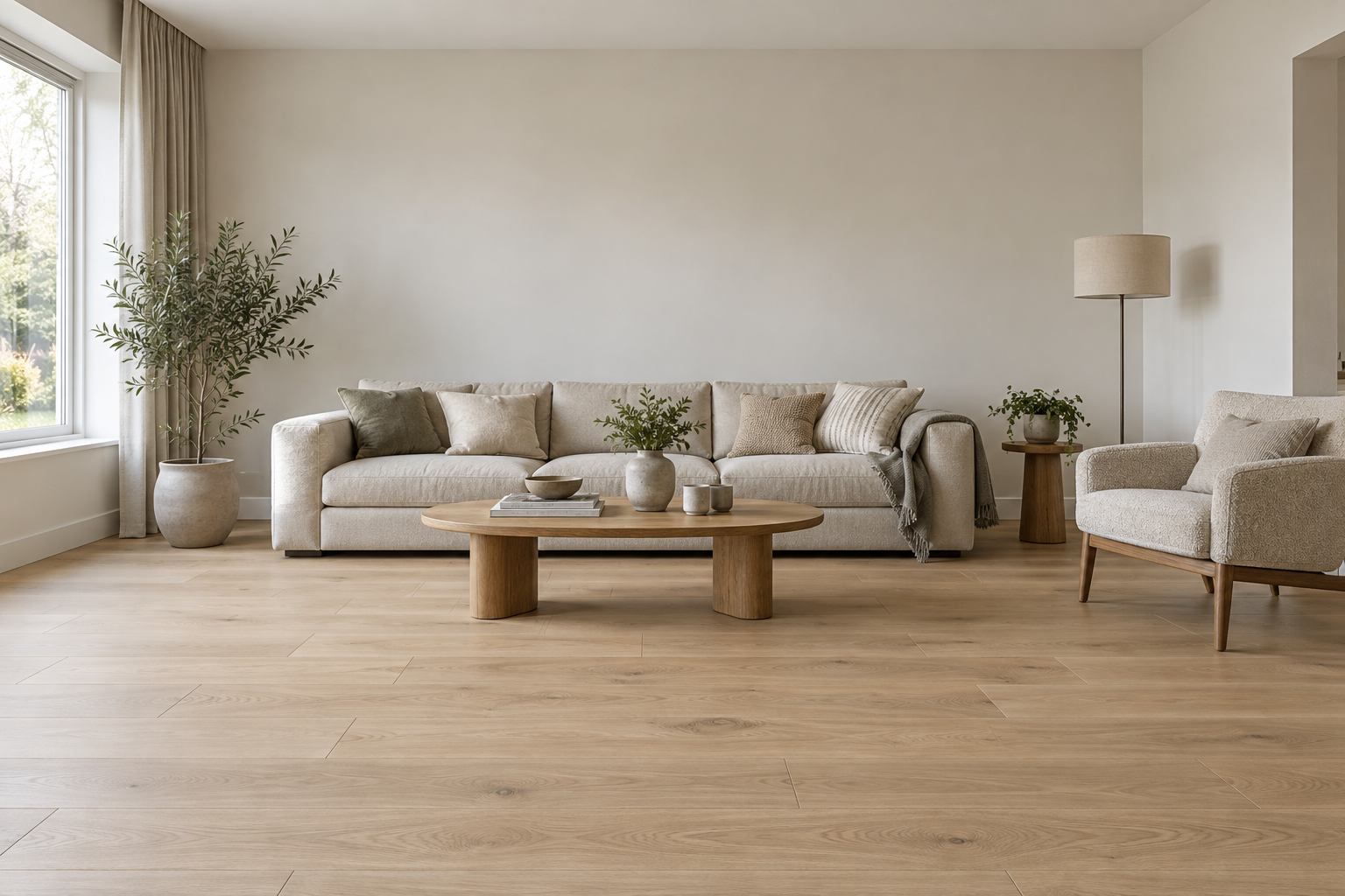 Lichte woonkamer met vrije muren en eiken vloer